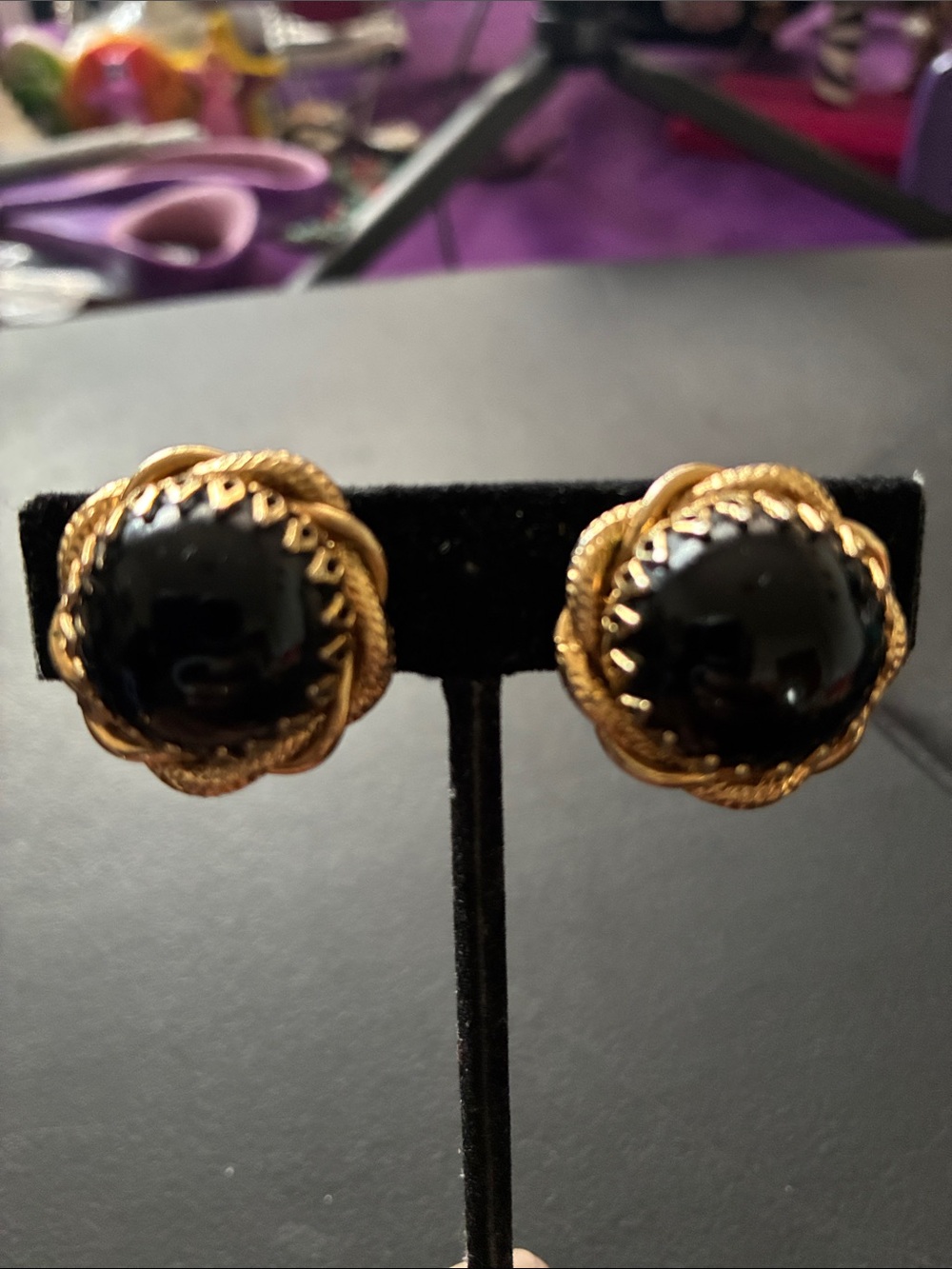 Gold-Tone Black Cabochon Flower Stud Earrings - Women Jewelry